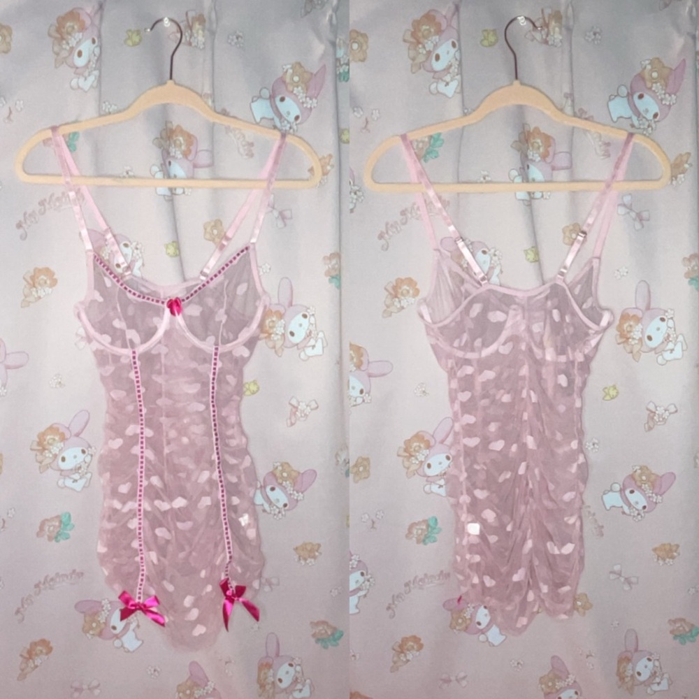 Pink Heart Pattern Mesh Dress with Dark Pink Contrast Ribbon